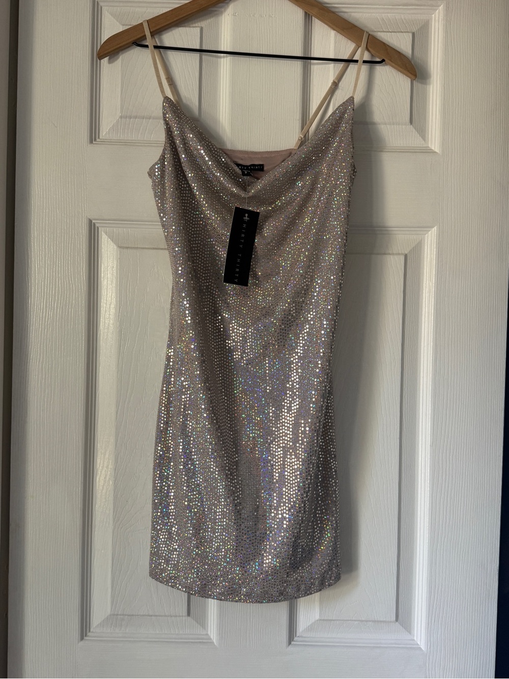 Sparkling Silver Sequin Slip Dress with Cowl Neck Thirty Thirty LA Mimi dress